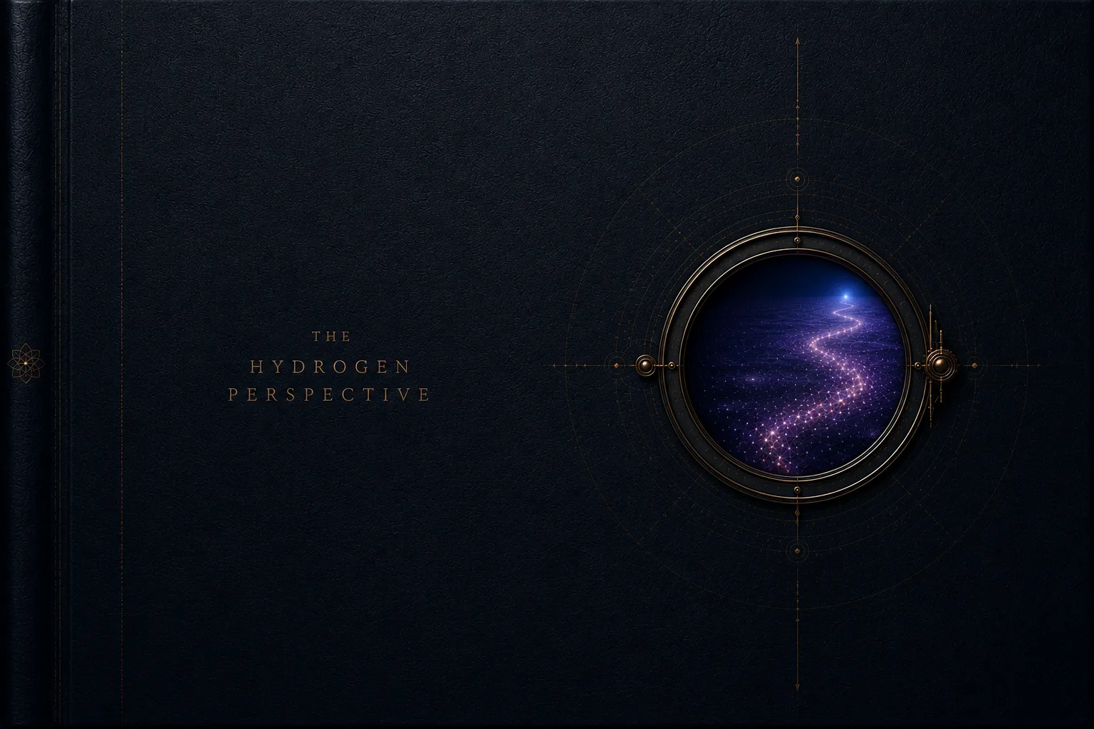 Front cover. Dark hardcover with a brass-framed porthole opening onto a luminous trail through deep space; gold serif title 'The Hydrogen Perspective.'