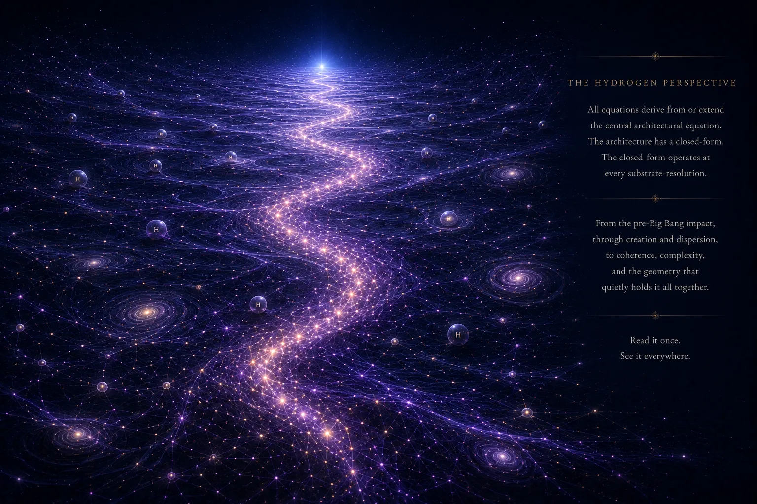 Opening page. A glowing path of stars and galaxies winds across deep purple space; opening passage on the right.