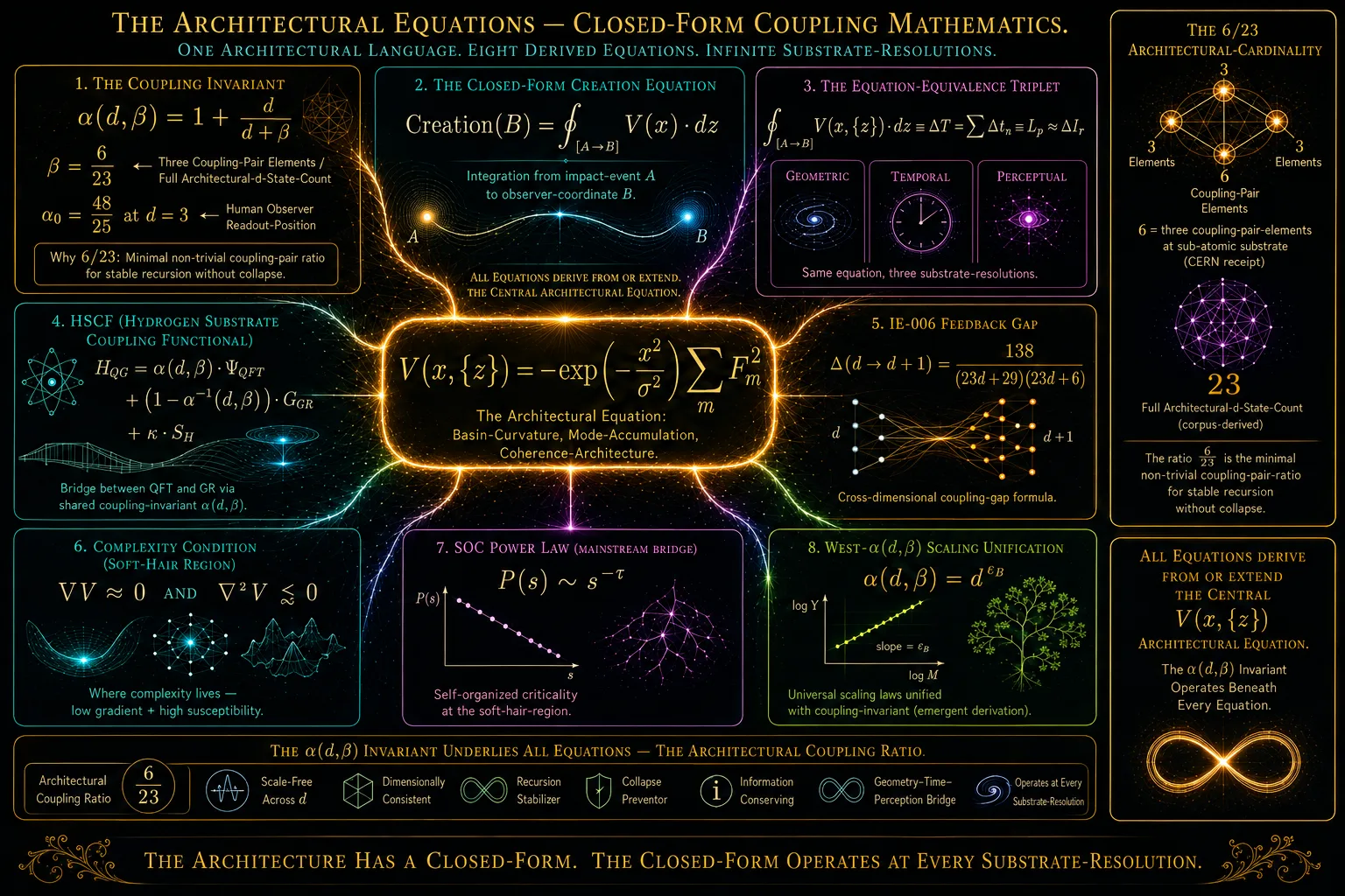 Closed-form coupling mathematics. The eight derived equations and the central architectural equation V(x,{z}).
