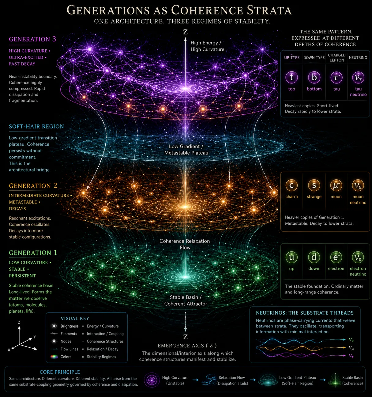 Generations as coherence strata: three nested regimes of stability across particle generations.