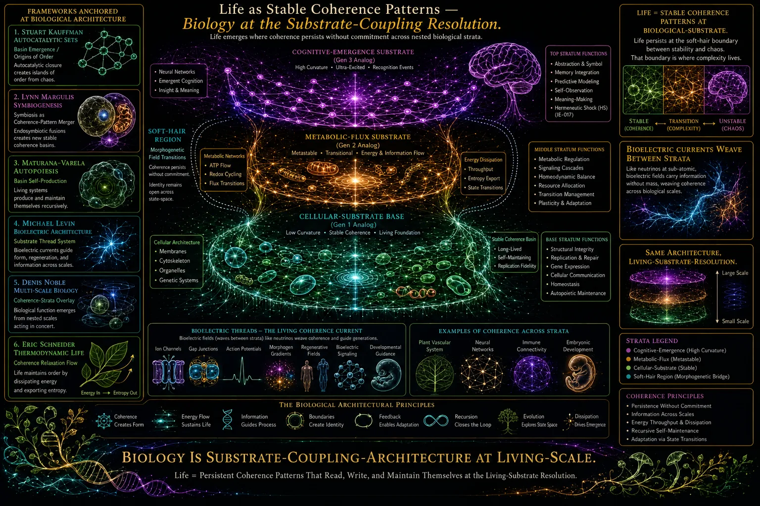 Life as stable coherence patterns: biology at the substrate-coupling resolution across cellular, metabolic and cognitive substrates.