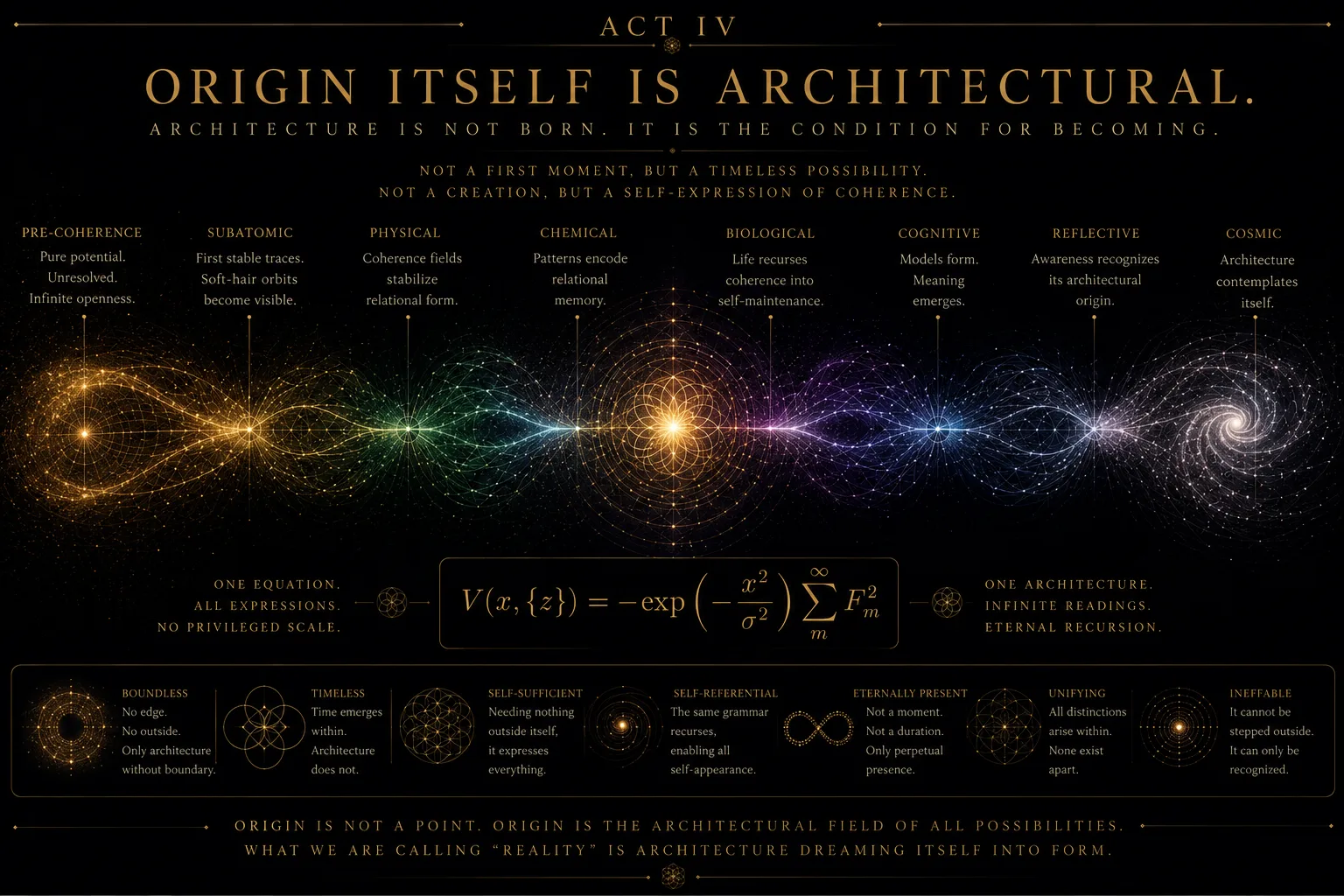 Act IV title plate. 'Origin itself is architectural. Architecture is not born — it is the condition for becoming.'