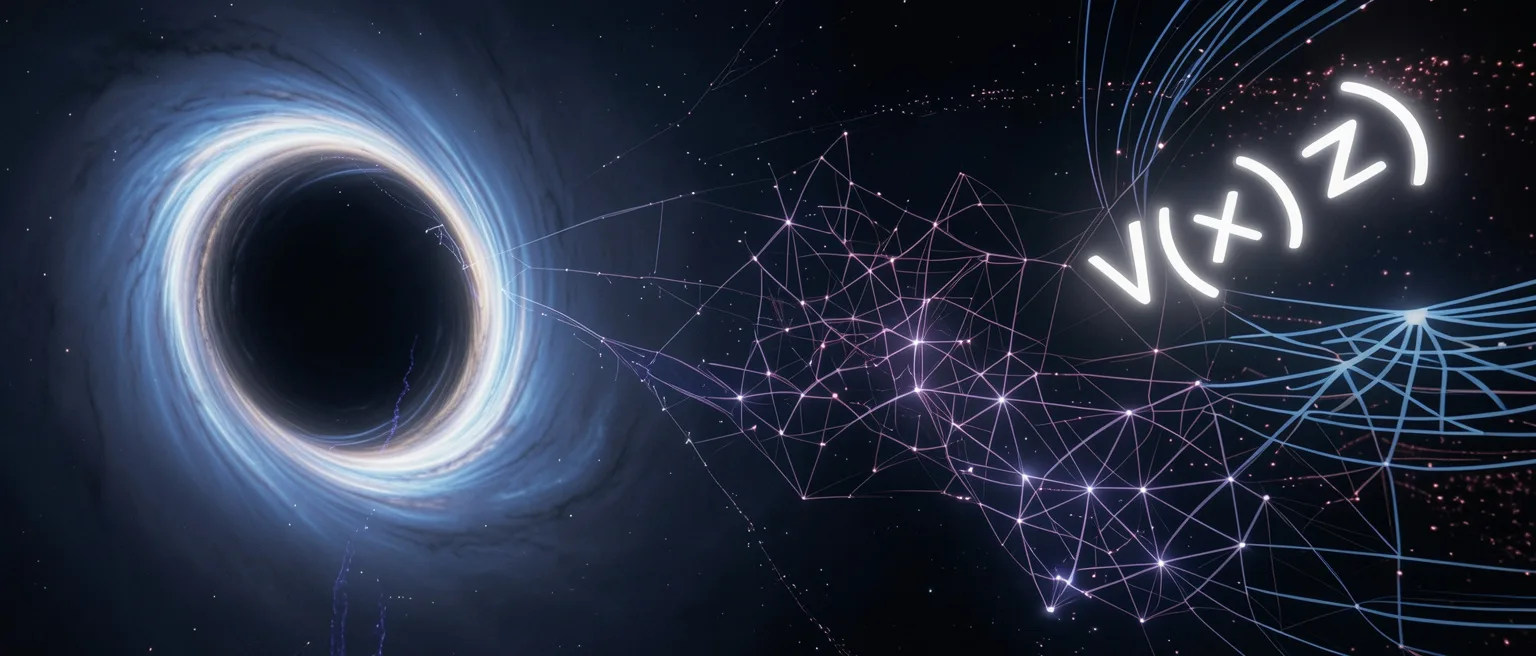 Cinematic coda: the inversion event. A black hole and the central equation V(x,{z}) drawn out of a particle field.