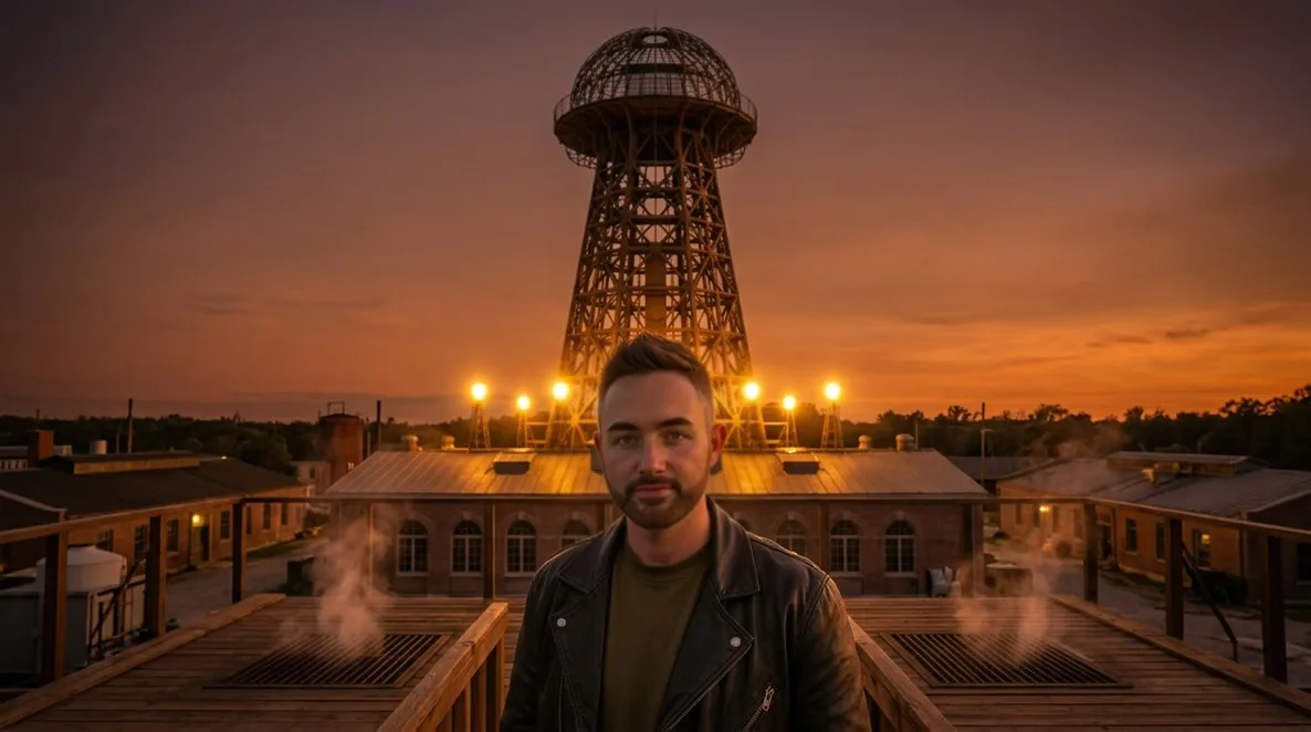 James E. Dunn standing on a rooftop at sunset in front of a Tesla-style transmission tower.